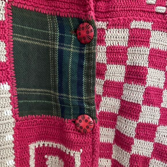 TM Sport Cardigan Sweater MEDIUM Vintage Patchwork Hand Knit Grandma Holiday Red - Picture 8 of 13